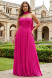 Fuchsia Pleated Neck Scarf Strapless Maxi Prom Dress
