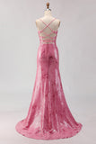 Sparkly Pink Mermaid Spaghetti Straps Long Sequin Prom Dress