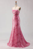 Sparkly Pink Mermaid Spaghetti Straps Long Sequin Prom Dress