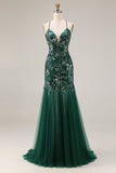 Sparkly Sequin Floral Dark Green Mermaid Tulle Long Prom Dress