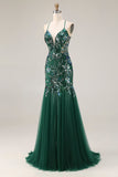 Sparkly Sequin Floral Dark Green Mermaid Tulle Long Prom Dress