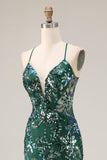 Sparkly Sequin Floral Dark Green Mermaid Tulle Long Prom Dress
