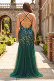 Sparkly Sequin Floral Dark Green Mermaid Tulle Long Prom Dress