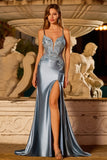 Floral Grey Blue Mermaid Spaghetti Straps Maxi Prom Dress with Slit