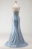 Grey Blue Mermaid Spaghetti Straps Long Prom Dress with Slit
