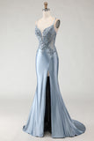 Grey Blue Mermaid Spaghetti Straps Long Prom Dress with Slit