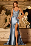 Floral Grey Blue Mermaid Spaghetti Straps Maxi Prom Dress with Slit