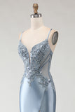 Grey Blue Mermaid Spaghetti Straps Long Prom Dress with Slit