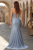 Grey Blue Mermaid Spaghetti Straps Long Prom Dress with Slit