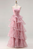 Dusty Rose Tiered A Line Long Corset Prom  Dress with Ruffles