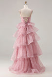 Dusty Rose Tiered A Line Long Corset Prom  Dress with Ruffles