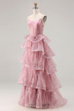 Dusty Rose Tiered A Line Long Corset Prom  Dress with Ruffles