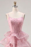 Dusty Rose Tiered A Line Long Corset Prom  Dress with Ruffles