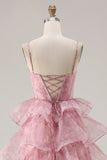 Dusty Rose Tiered A Line Long Corset Prom  Dress with Ruffles