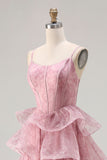 Dusty Rose Tiered A Line Long Corset Prom  Dress with Ruffles