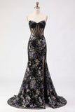 Pink Sequins Beaded Strapless Mermaid Long Corset Prom Dress with Slit