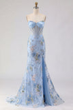 Pink Sequins Beaded Strapless Mermaid Long Corset Prom Dress with Slit