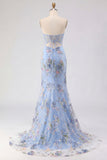 Pink Sequins Beaded Strapless Mermaid Long Corset Prom Dress with Slit