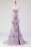 Pink Sequins Beaded Strapless Mermaid Long Corset Prom Dress with Slit