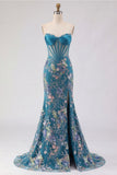 Pink Sequins Beaded Strapless Mermaid Long Corset Prom Dress with Slit