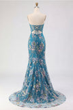 Pink Sequins Beaded Strapless Mermaid Long Corset Prom Dress with Slit