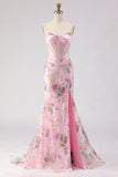 Pink Sequins Beaded Strapless Mermaid Long Corset Prom Dress with Slit