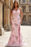 Pink Sequins Beaded Strapless Mermaid Long Corset Prom Dress with Slit