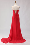 Sparkly Red Beaded Sheath Long Prom Dress with Slit
