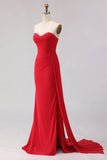 Sparkly Red Beaded Sheath Long Prom Dress with Slit