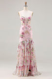 Sparkly Pink Floral Mermaid Beaded Tiered Long Corset Prom Dress