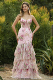 Floral Pink Sparkly Mermaid Maxi Corset Prom Dress with Ruffles