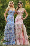 Sparkly Floral Blue Mermaid Maxi Corset Prom Dress with Ruffles