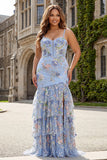 Sparkly Floral Blue Mermaid Maxi Corset Prom Dress with Ruffles