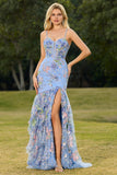 Sparkly Floral Blue Mermaid Maxi Corset Prom Dress with Ruffles