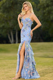 Sparkly Floral Blue Mermaid Maxi Corset Prom Dress with Ruffles