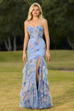 Sparkly Floral Blue Mermaid Maxi Corset Prom Dress with Ruffles