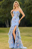 Sparkly Floral Blue Mermaid Maxi Corset Prom Dress with Ruffles