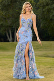 Sparkly Floral Blue Mermaid Maxi Corset Prom Dress with Ruffles