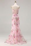 Sparkly Floral Pink Beaded Mermaid Long Corset Prom Dress with Slit