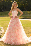 Floral Pink A Line Lace Up Back Strapless Maxi Corset Prom Dress