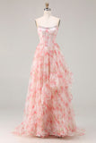 Sparkly Floral Pink A Line Beaded Long Corset Prom Dress with Ruffles
