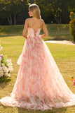 Floral Pink A Line Lace Up Back Strapless Maxi Corset Prom Dress