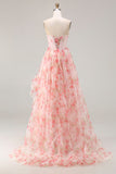 Sparkly Floral Pink A Line Beaded Long Corset Prom Dress with Ruffles