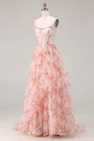 Sparkly Floral Pink A Line Beaded Long Corset Prom Dress with Ruffles