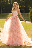 Floral Pink A Line Lace Up Back Strapless Maxi Corset Prom Dress