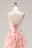 Sparkly Floral Pink A Line Beaded Long Corset Prom Dress with Ruffles