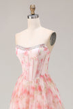 Sparkly Floral Pink A Line Beaded Long Corset Prom Dress with Ruffles