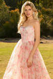Floral Pink A Line Lace Up Back Strapless Maxi Corset Prom Dress
