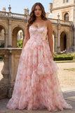 Floral Pink A Line Lace Up Back Strapless Maxi Corset Prom Dress