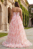 Floral Pink A Line Lace Up Back Strapless Maxi Corset Prom Dress